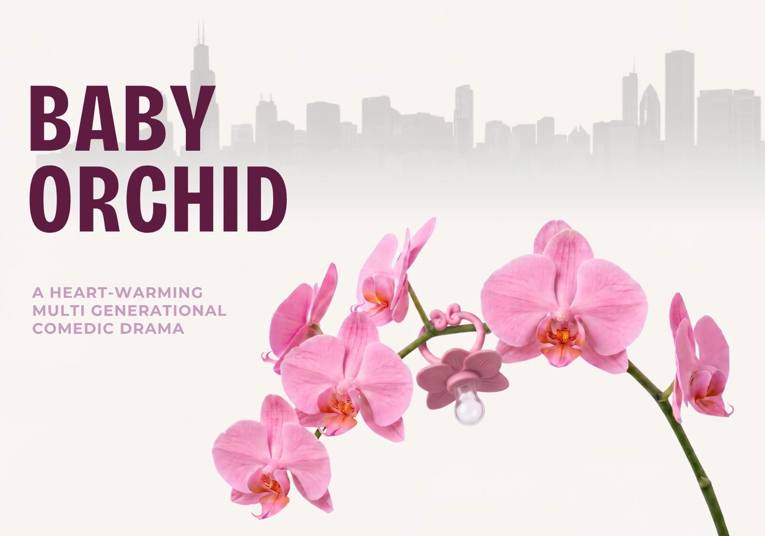 Baby Orchid artwork featuring pink orchids and the Chicago skyline